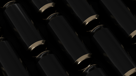 Raws of black soda cans on black background. Beverage mockup. Tin package of beer or drink. 3D rendering illustrationの写真素材