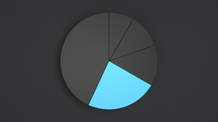 Black pie chart with one blue sector on black background. Infographic mockup. 3D render illustrationの写真素材