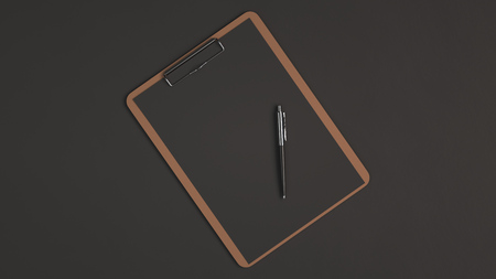Wooden clipboard with black paper and automatic ballpoint pen isolated on black background. Blank paper mockup. 3D rendering illustration.の写真素材