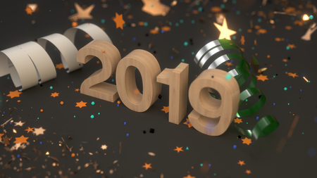 Wooden 2019 number with golden confetti and serpentine on black background. 2019 new year sign. 3D rendering illustrationの写真素材
