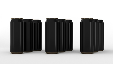 Raw of black soda cans on white background. Beverage mockup. Tin package of beer or drink. 3D rendering illustrationの写真素材