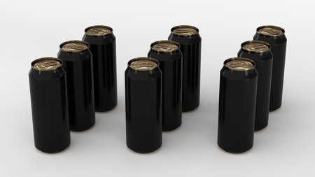 Raw of black soda cans on white background. Beverage mockup. Tin package of beer or drink. 3D rendering illustrationの写真素材