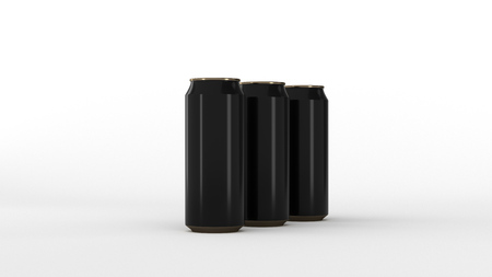 Raw of black soda cans on white background. Beverage mockup. Tin package of beer or drink. 3D rendering illustrationの写真素材