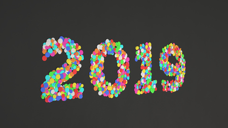 2019 number made from colorful confetti on black background. 2019 new year sign. 3D rendering illustrationの写真素材