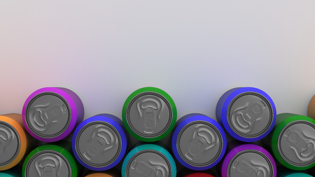 Big colorful soda cans on white background. Beverage mockup. Tin package of beer or drink. 3D rendering illustrationの写真素材