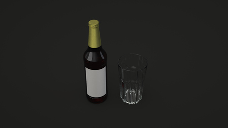 Mock up of tall brown beer bottle 0.5l with blank white lable and an empty glass on black background. Design or branding template. 3D rendering illustrationの写真素材