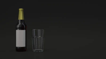 Mock up of tall brown beer bottle 0.5l with blank white lable and an empty glass on black background. Design or branding template. 3D rendering illustrationの写真素材