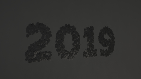 2019 number made from black confetti on black background. 2019 new year sign. 3D rendering illustrationの写真素材