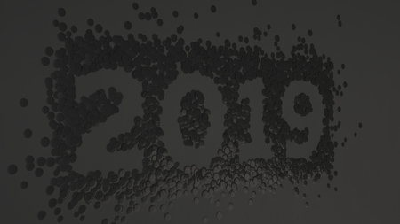 2019 number made from black confetti on black background. 2019 new year sign. 3D rendering illustrationの写真素材