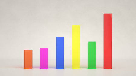 Colorful glass bar diagram on white background. Infographic mockup. 3D render illustration