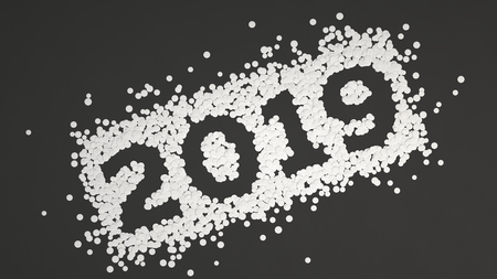 2019 number made from white confetti on black background. 2019 new year sign. 3D rendering illustrationの写真素材