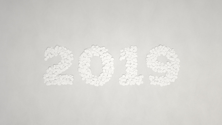 2019 number made from white confetti on white background. 2019 new year sign. 3D rendering illustrationの写真素材