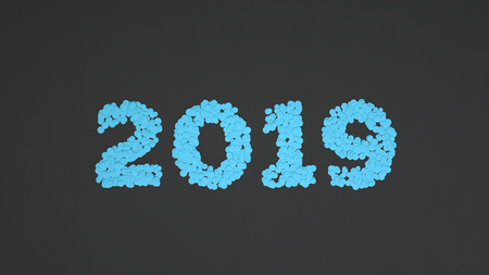 2019 number made from blue confetti on black background. 2019 new year sign. 3D rendering illustrationの写真素材