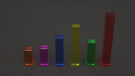 Colorful glass bar diagram on black background. Infographic mockup. 3D render illustrationの写真素材