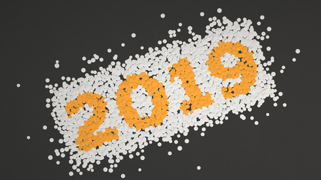 2019 number made from white and orange confetti on black background. 2019 new year sign. 3D rendering illustrationの写真素材