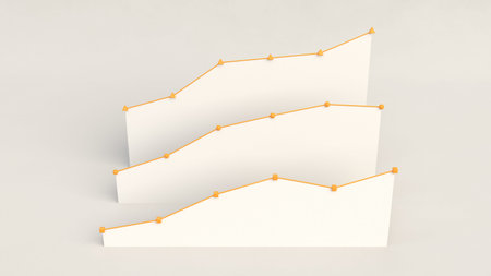 Three white rising flat linear diagrams standing behind each other on white background. Infographic...