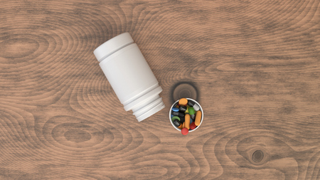 Realistic blank white open plastic bottle with pills lying on the wooden surface. Medical container. Drug bottle mockup. 3D render illustrationの写真素材