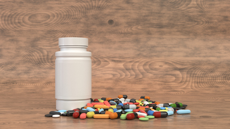 Realistic blank white plastic bottle and pile of pills on wooden background. Medical container. Drug bottle mockup. 3D render illustrationの写真素材
