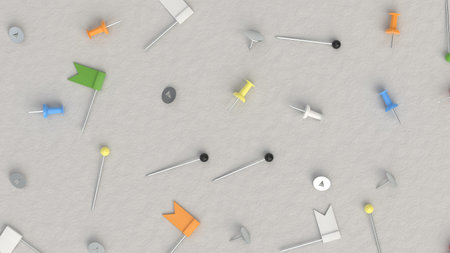 Pattern from different types of colorful push pins, needles and nails on white background. Abstract...