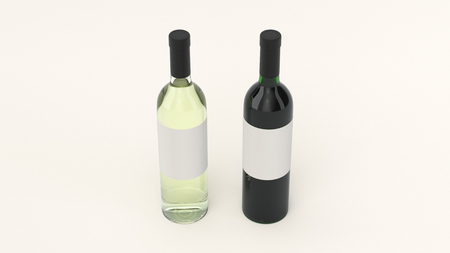 Mockup for two bottles of red and white wine with blank labels standing on white background. Design or branding template. 3D rendering illustrationの写真素材