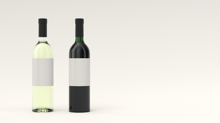 Mockup for two bottles of red and white wine with blank labels standing on white background. Design or branding template. 3D rendering illustrationの写真素材