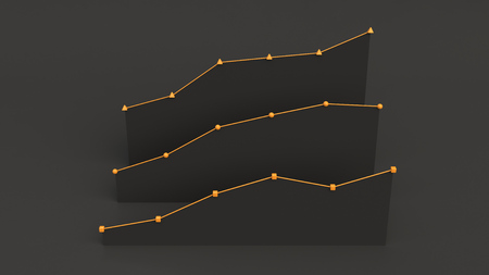 Three black rising flat linear diagrams standing behind each other on black background. Infographic mockup. 3D render illustrationの写真素材