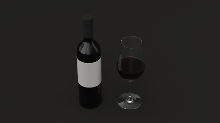 Mockup for bottle of red wine with blank label and a glass standing on black background. Design or branding template. 3D rendering illustrationの写真素材