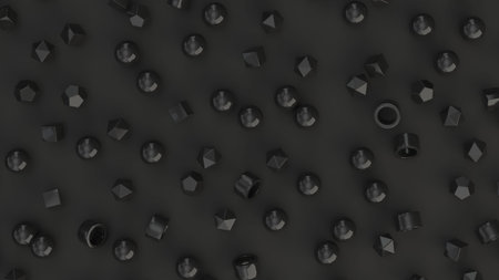Pattern from black primitives on black surface. Abstract geometric background. 3D rendering...