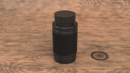 Realistic blank black plastic bottle for pills on wooden background. Medical container. Drug bottle mockup. 3D render illustrationの写真素材