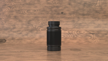 Realistic blank black plastic bottle for pills on wooden background. Medical container. Drug bottle mockup. 3D render illustrationの写真素材