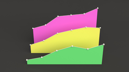 Three colorful rising flat linear diagrams standing behind each other on black background. Infographic mockup. 3D render illustrationの写真素材