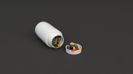 Realistic blank white open plastic bottle with pills lying on the black surface. Medical container. Drug bottle mockup. 3D render illustrationの写真素材