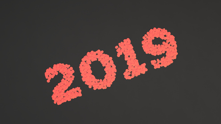 2019 number made from red confetti on black background. 2019 new year sign. 3D rendering illustrationの写真素材