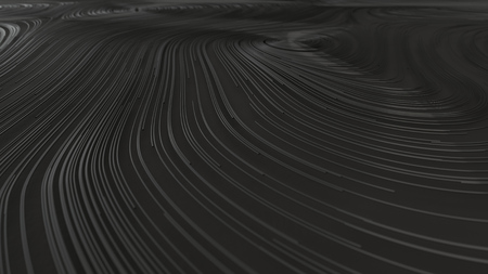 Smooth curles from black strings on black background. Abstract geometrical  background. 3D rendering illustration.の写真素材