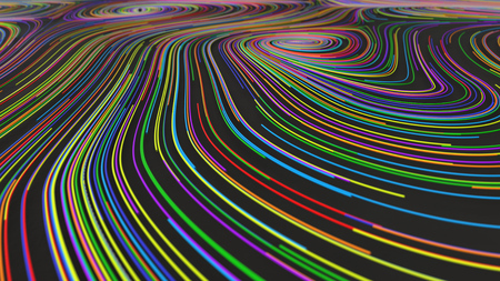 Smooth curles from colorful strings on black background. Abstract geometrical  background. 3D rendering illustration.の写真素材