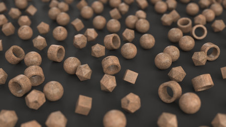 Pattern from wooden primitives on black surface. Abstract geometric background. 3D rendering...