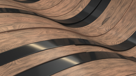 Abstract geometric background, waves from black and wooden planks.3D rendering illustrationの写真素材