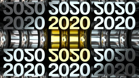 Golden 2020 3D number in grid of metal figures. New year celebration background. 3D rendering...