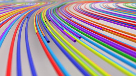 Smooth curles from colorful strings on white background. Abstract geometrical  background. 3D rendering illustration.の写真素材