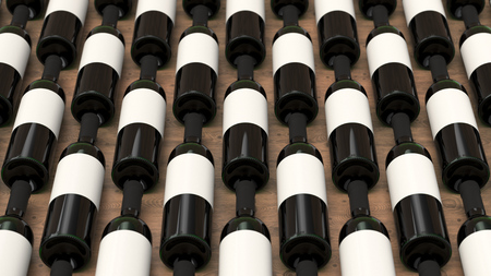 Pattern from bottles of red wine with blank labels on wooden background. Design or branding template. 3D rendering illustrationの写真素材