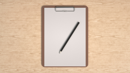 Branding mockup. Clipboard with sheet of paper and pencil. 3D rendering illustration.の写真素材