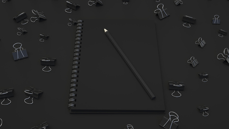 Branding mockup. Notebook with pencil and binder clips. 3D rendering illustration.の写真素材