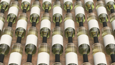 Pattern from bottles of white wine with blank labels on wooden background. Design or branding template. 3D rendering illustrationの写真素材