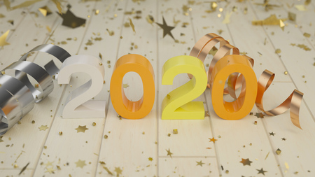 Colorful 2020 number with golden confetti and serpentine on wooden background. 2020 new year sign. 3D rendering illustrationの写真素材