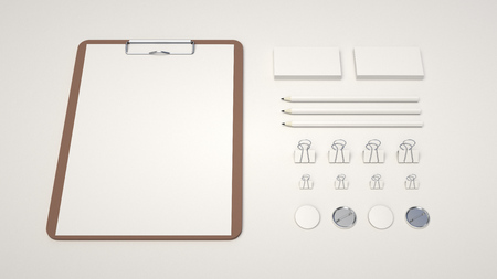 Branding mockup. Clipboard with sheet of paper, business cards, binder clips, badges and pencils. 3D rendering illustration.の写真素材