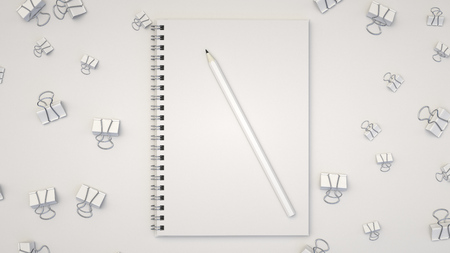 Branding mockup. Notebook with pencil and binder clips. 3D rendering illustration.の写真素材
