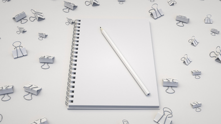 Branding mockup. Notebook with pencil and binder clips. 3D rendering illustration.の写真素材
