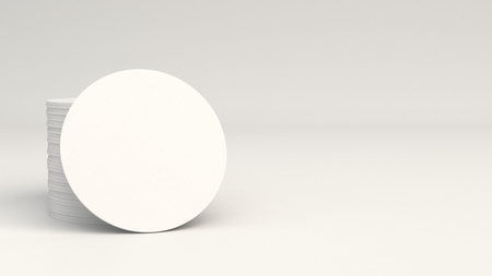 Mockup of blank white round beer coasters on white background. Branding template. 3D rendering illustrationの写真素材