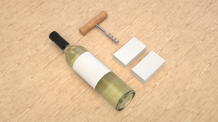 Wine or sommelier branding template. Mockup of white business card with bottle of wine and corkscrew on wooden background. 3D rendering illustration.の写真素材