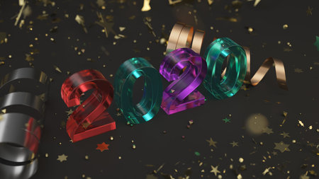 Glass 2020 number with golden confetti and serpentine on black background. 2020 new year sign. 3D...